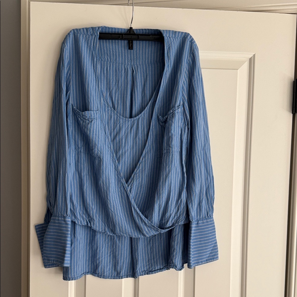 BCBGMaxAzria Light Blue Pinstripe Wrap Blouse
